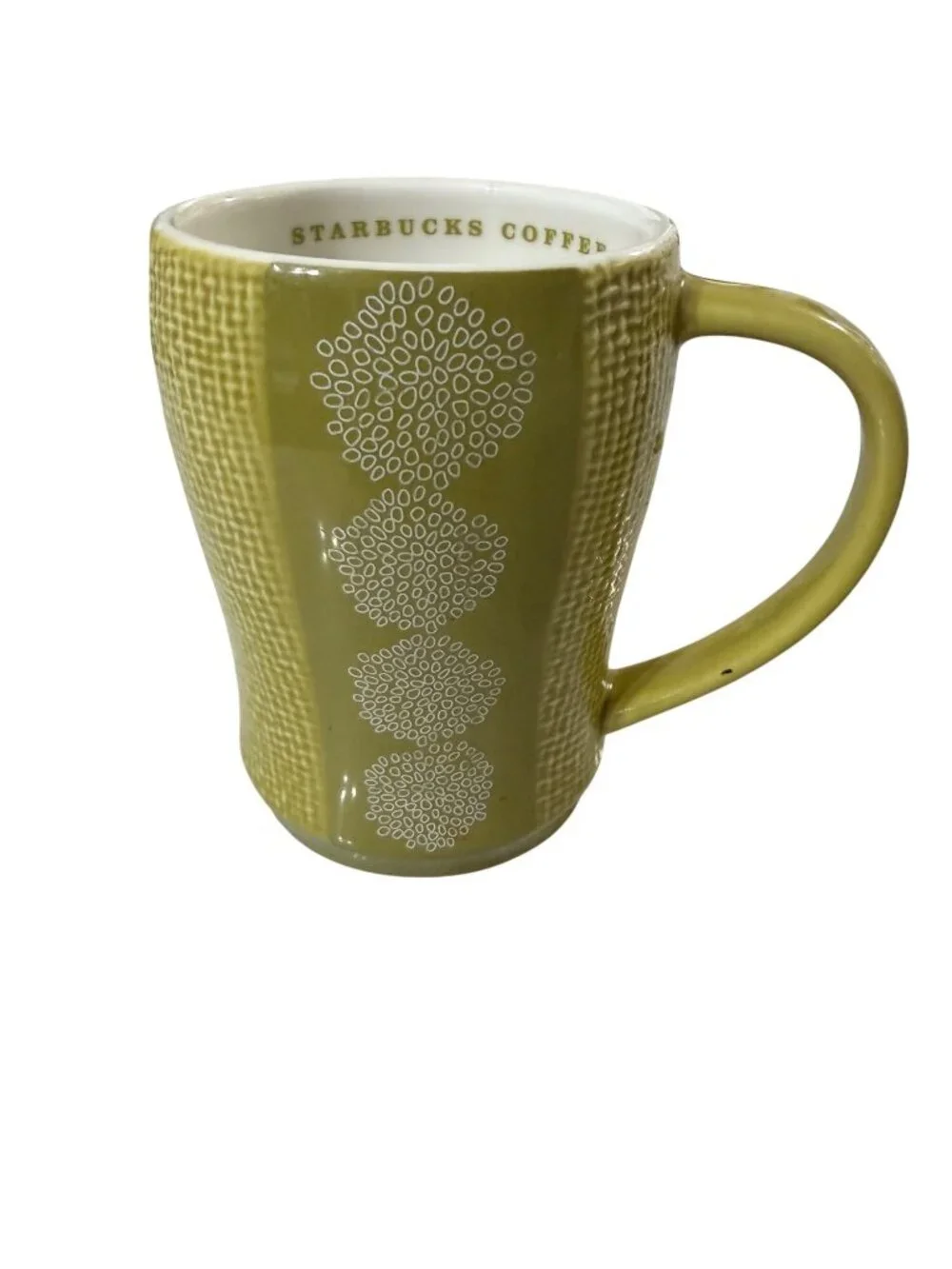Starbucks Green Textured Ceramic Mug 12 oz With White Floral Design Dishwasher &